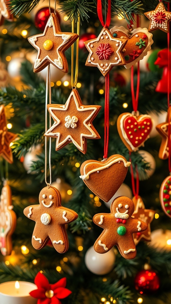 Decorated gingerbread ornaments on a Christmas tree with colorful icing and festive decorations.